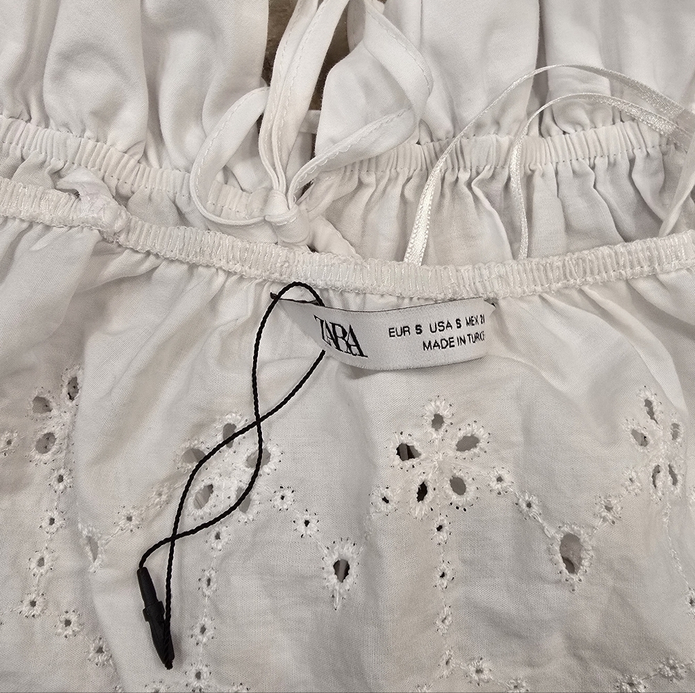 Zara Eyelet Babydoll Tie Front Top White Size S - Picture 5 of 7